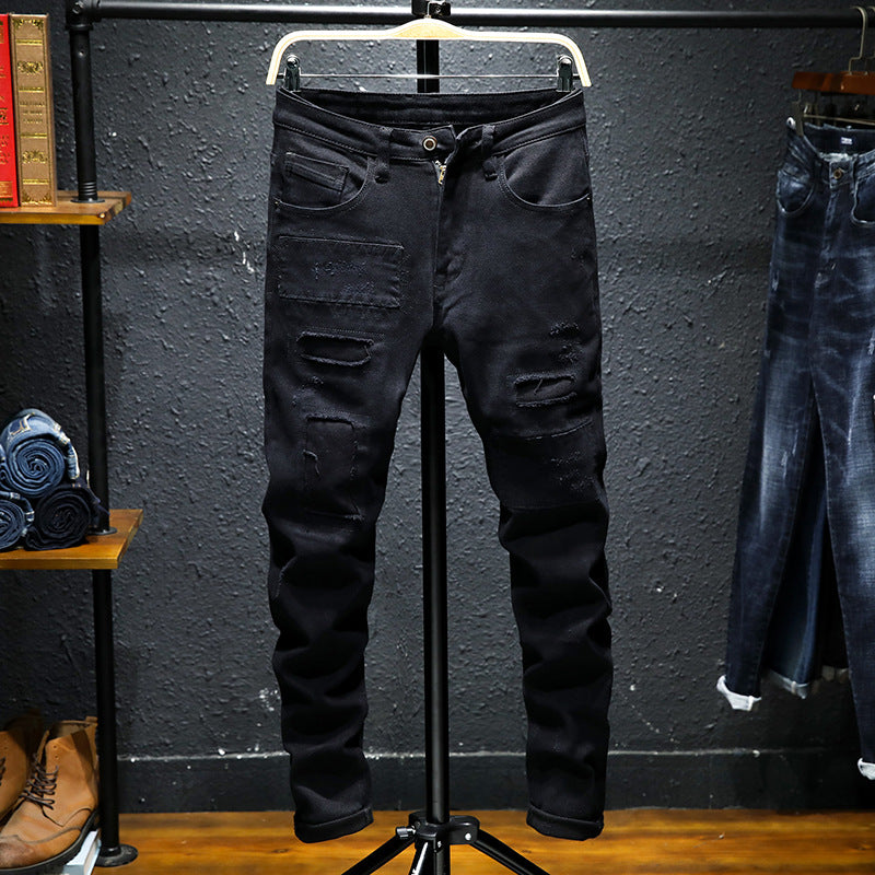 Spring And Summer New Jeans Pure Black Ripped Stretch Jeans Men Black Jeans Men - cas7m