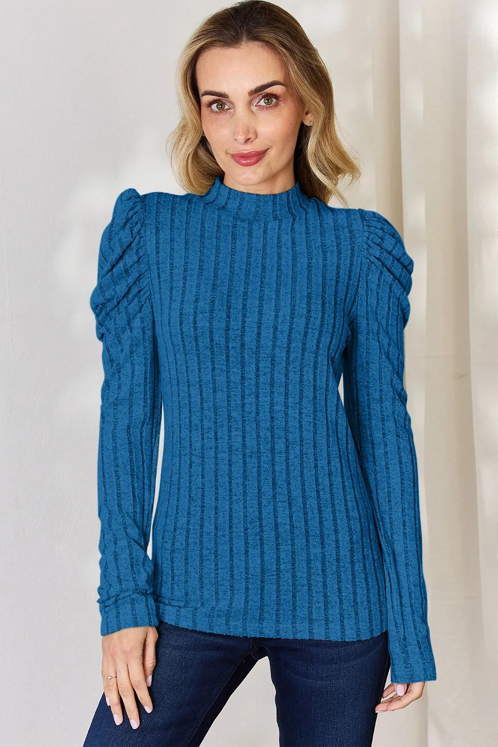 Basic Bae Full Size Ribbed Mock Neck Puff Sleeve T-Shirt - cas7m