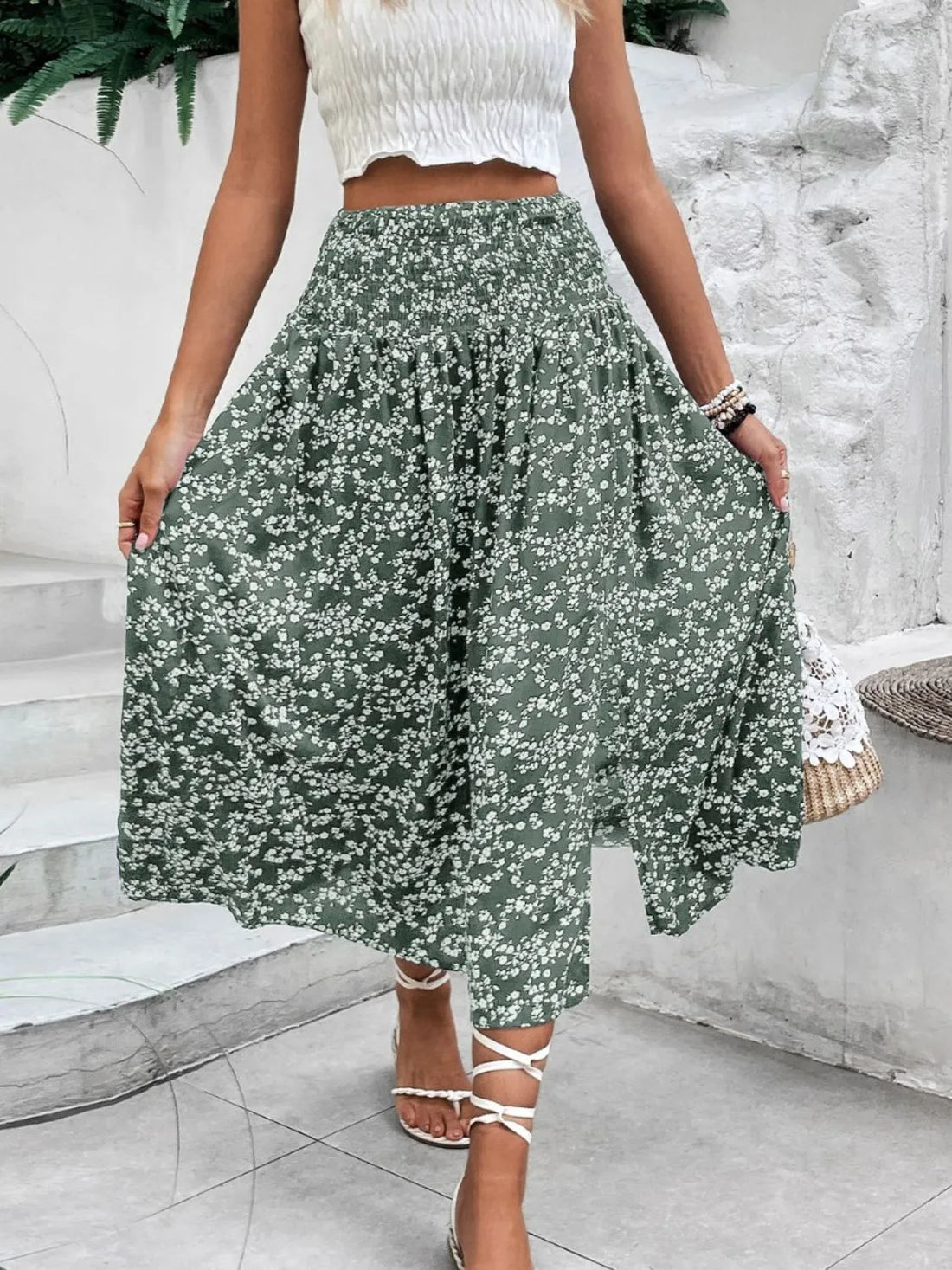 Slit Smocked Printed Skirt - cas7m