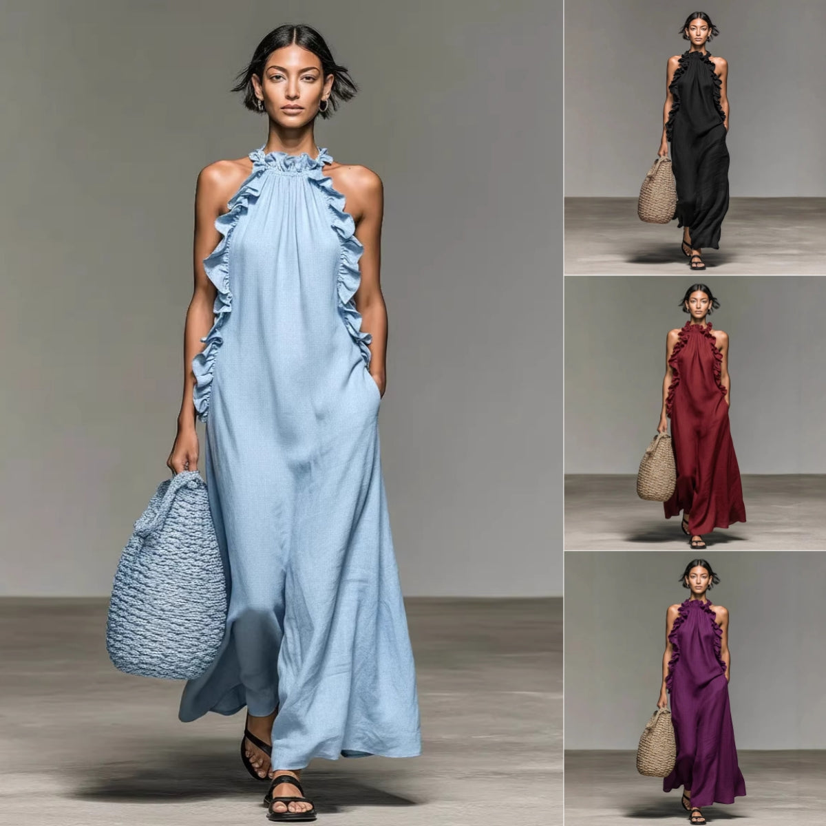 Resort Style Ruffled Halter Neck Sleeveless Maxi Dress - Loose Fit Flattering Flowy Skirt For Party Evening Gown - cas7m