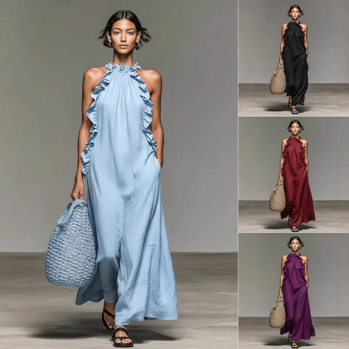 Resort Style Ruffled Halter Neck Sleeveless Maxi Dress - Loose Fit Flattering Flowy Skirt For Party Evening Gown - cas7m