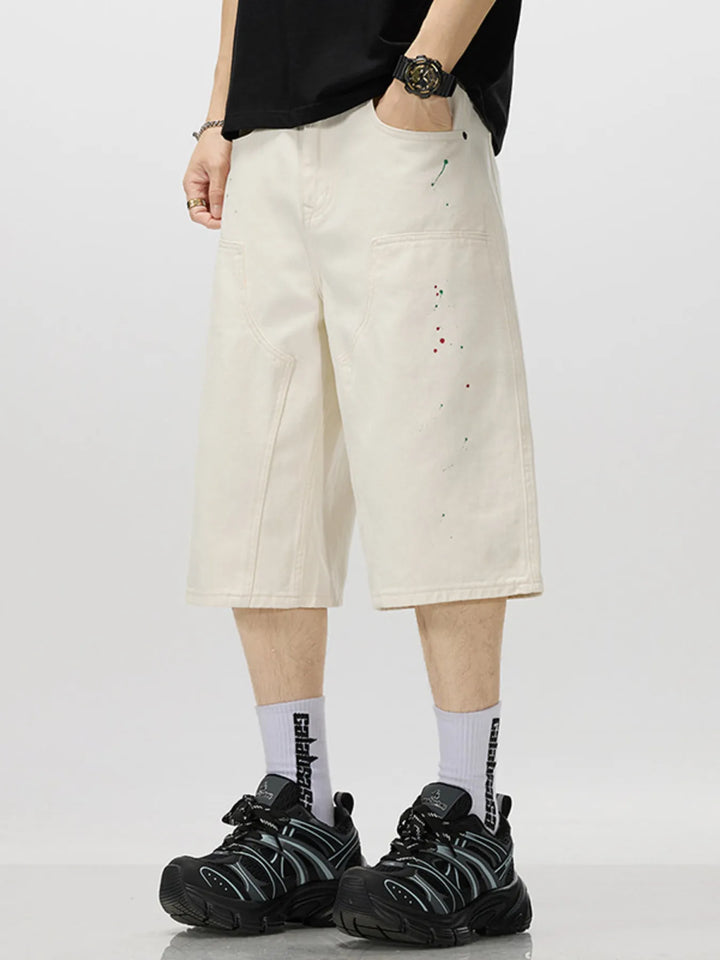 Men's Loose-Fit Splatter-Paint Denim Capris - cas7m
