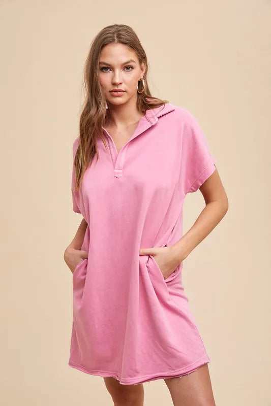 Annie Wear Mineral Washed Johnny Collar Short Sleeve Dress - cas7m
