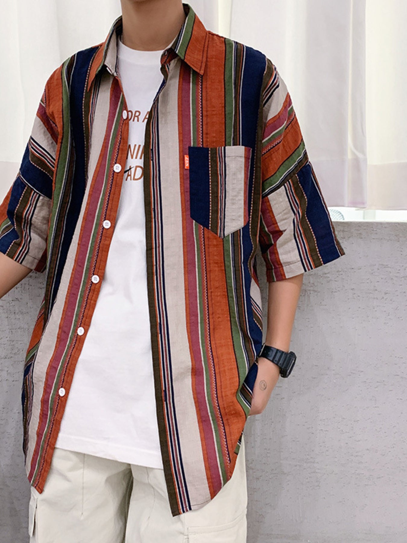 Men's Plus Size Striped Half Sleeve Shirt - cas7m