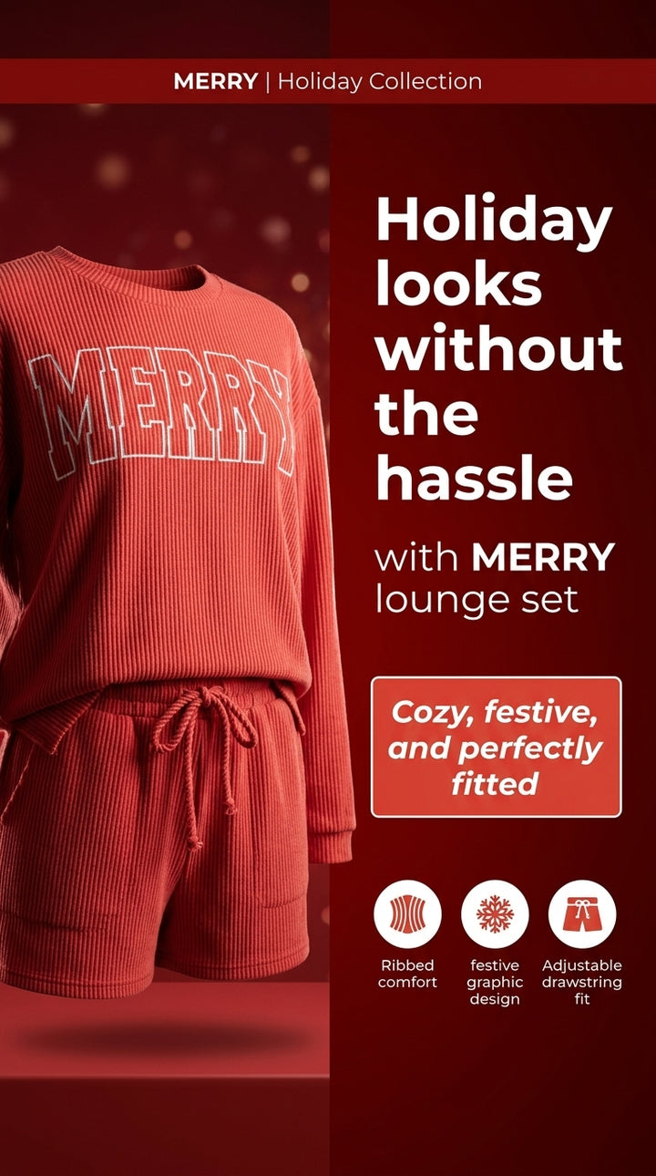 MERRY Round Neck Long Sleeve Top and Shorts Lounge Set - cas7m