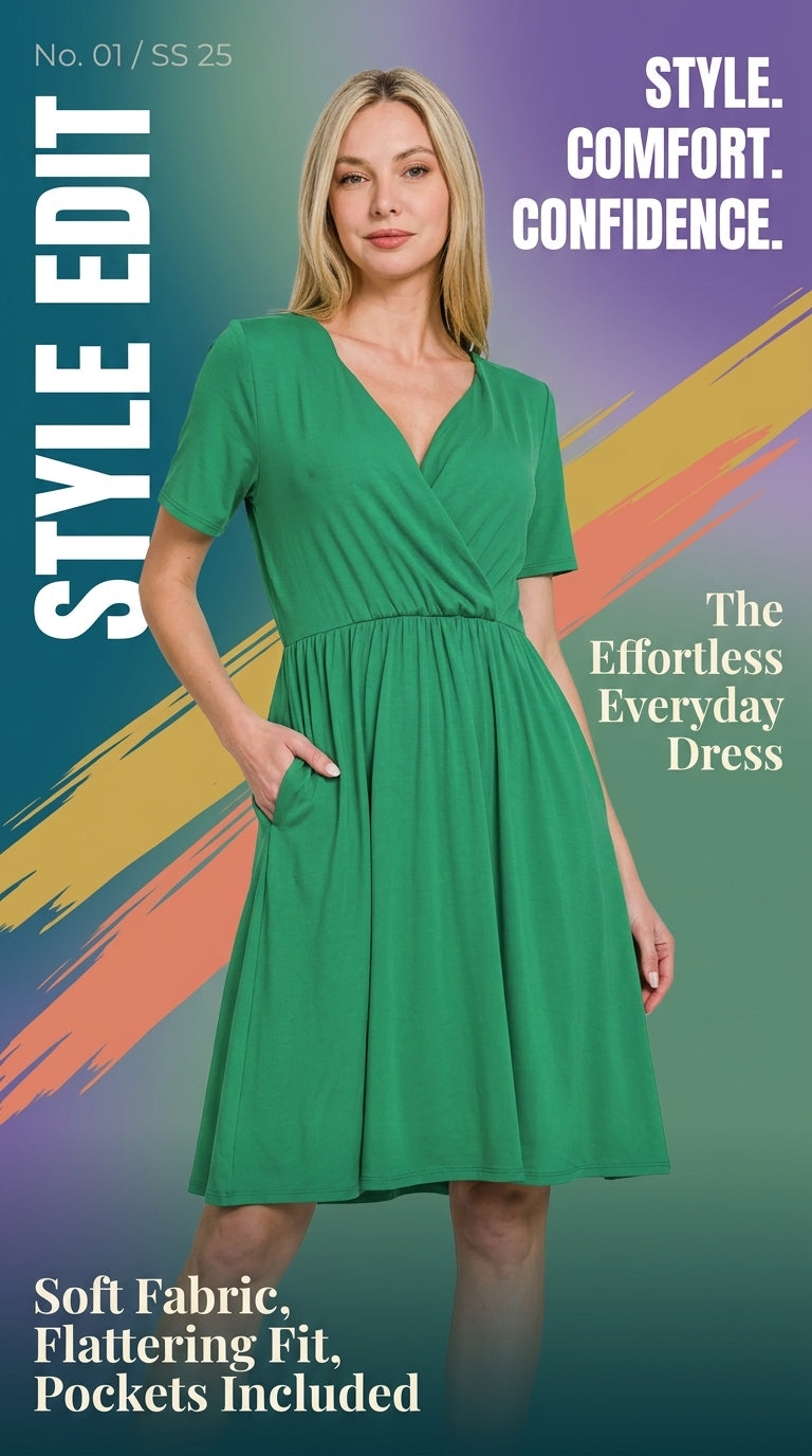 Zenana Surplice Short Sleeve Brushed DTY Dress - cas7m