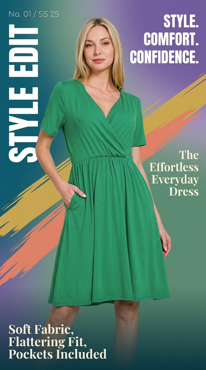 Zenana Surplice Short Sleeve Brushed DTY Dress - cas7m