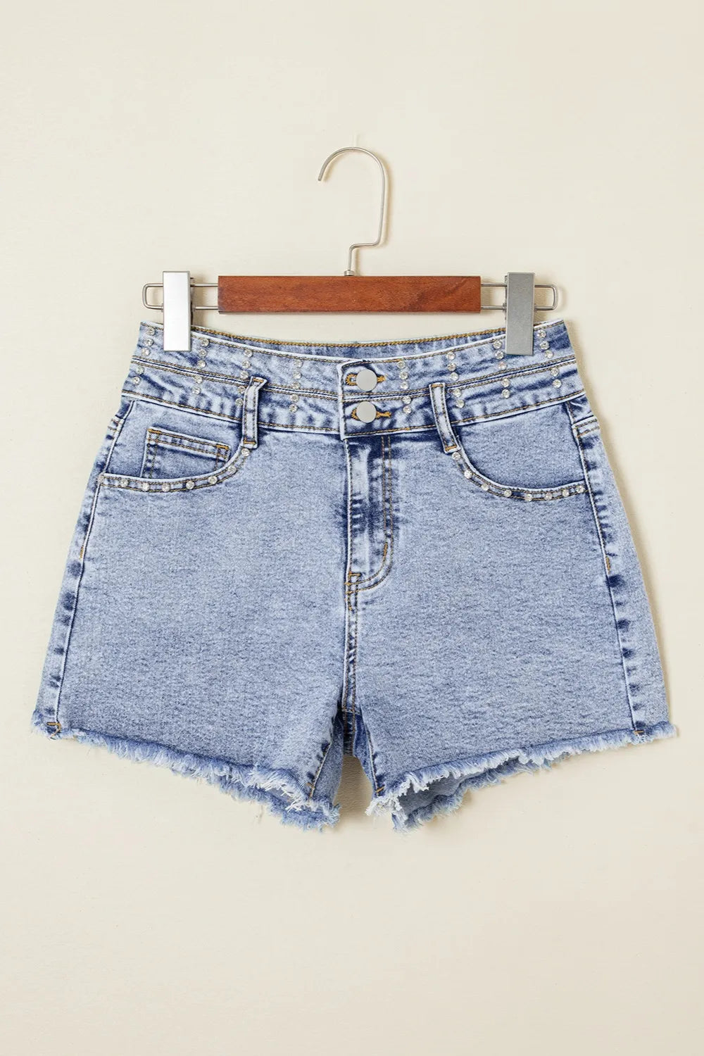 Rhinestone Light Wash Raw Hem High Waist Denim Shorts - cas7m
