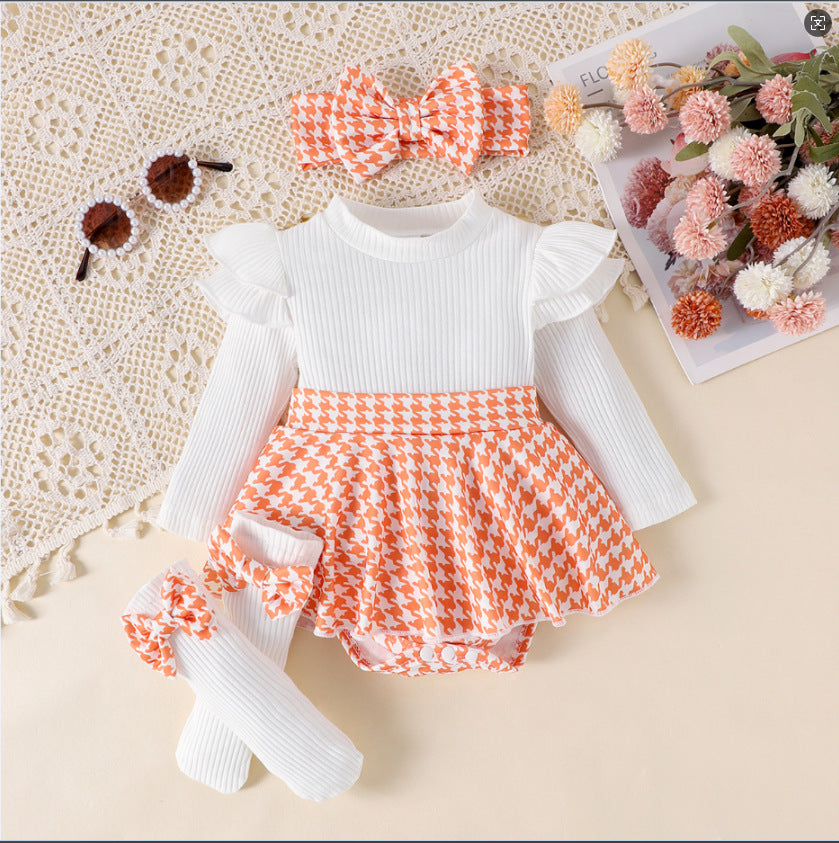 Sunken Stripe Long Sleeve Stitching Houndstooth Skirt One-piece Romper - cas7m