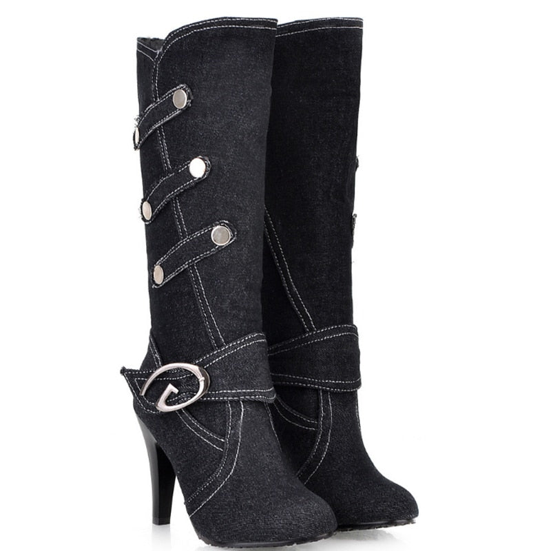 Women's High Heeled Knee-High Denim Boots (Size 40-48)