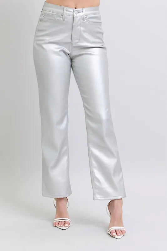 Judy Blue Full Size High Waist Silver Faux Leather Pants Plus Size - cas7m