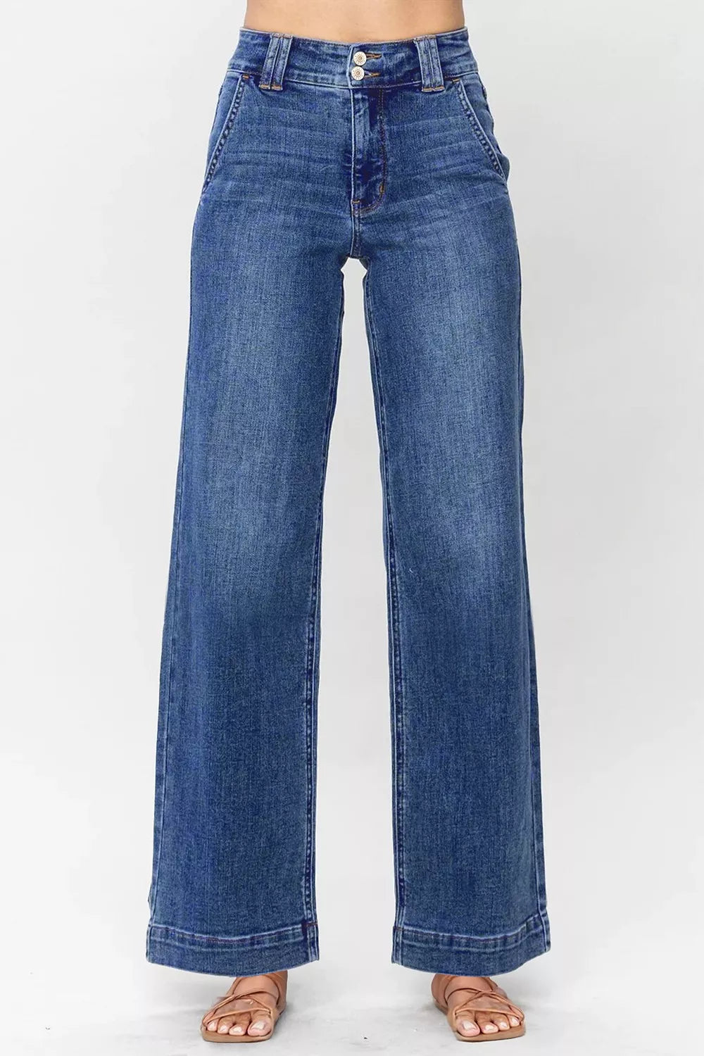 Double Button Zip Fly Straight Leg Jeans - cas7m