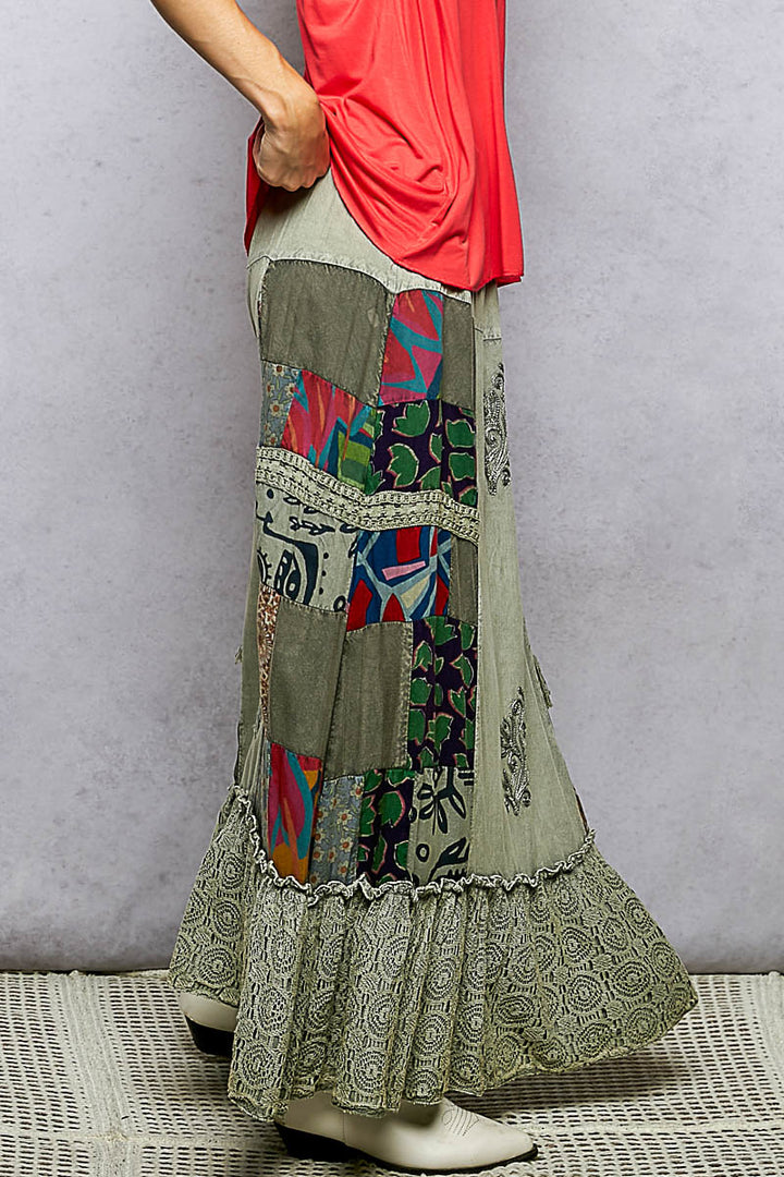 POL Printed Patchwork Embroidered Ruffled Skirt - cas7m