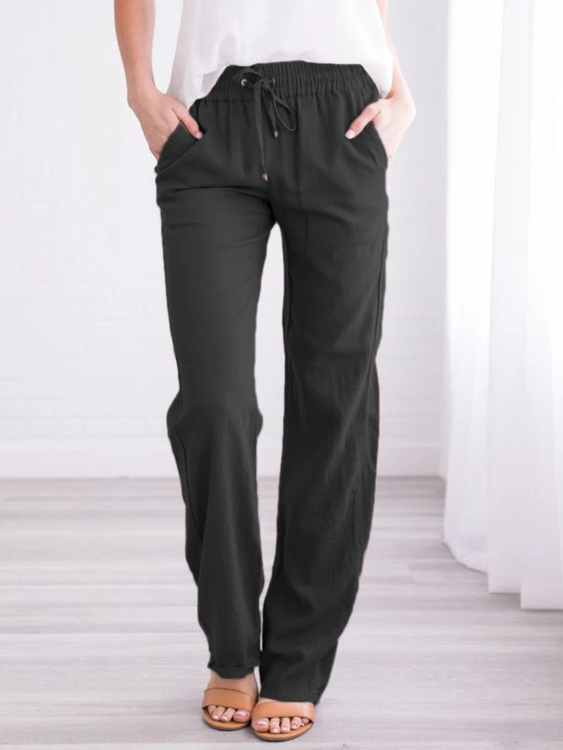Cotton and Linen Drawstring Loose Casual Wide-Leg Trousers - cas7m