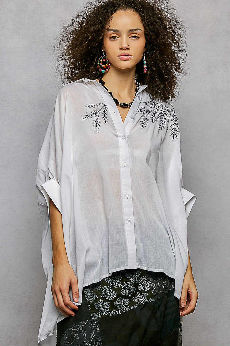 POL Button Down Embroidered Floral High-Low Hem Shirt - cas7m
