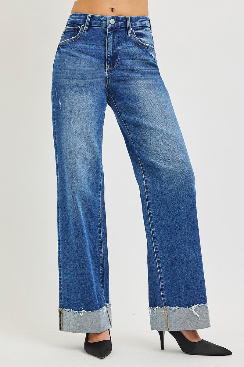 RISEN High Rise Wide Leg Jeans With Cuffed Hem - cas7m