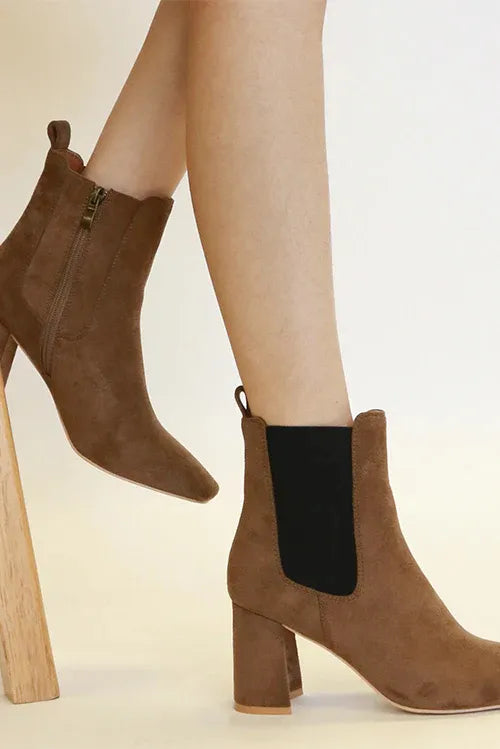 Beast Fashion Faux Suede Block Heel Chelsea Boots with Elastic Side Panel - cas7m
