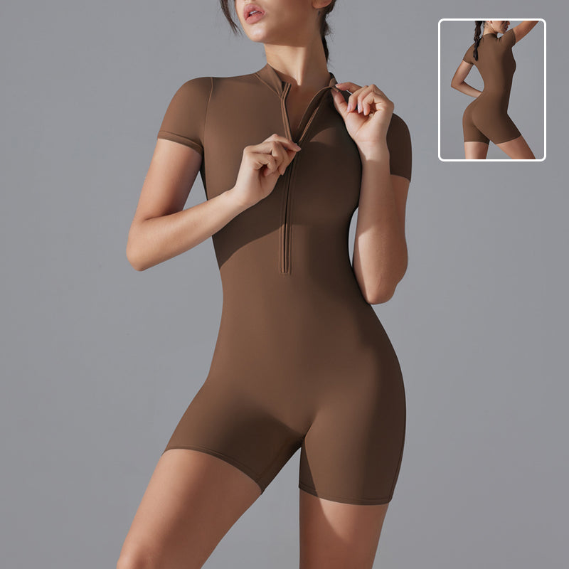 Summer Zipper Short-sleeved Shorts Jumpsuit Yoga Fitness Dance Slim Sports Bodysuit Women Sports Clothing - cas7m