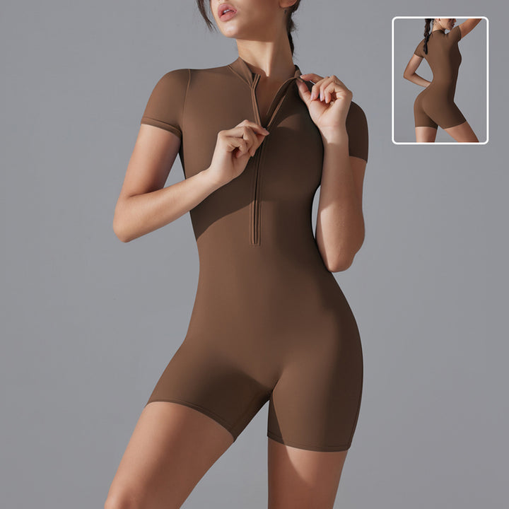 Summer Zipper Short-sleeved Shorts Jumpsuit Yoga Fitness Dance Slim Sports Bodysuit Women Sports Clothing - cas7m