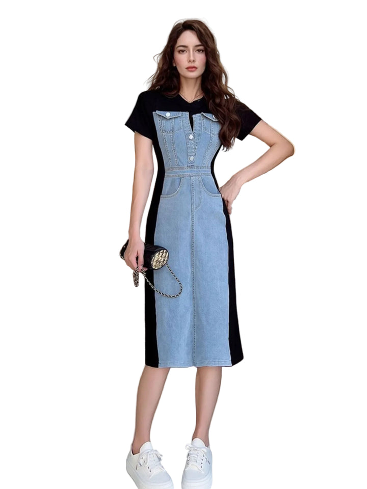 Full Size Denim Patchwork Short Sleeve Slit Back Dress Plus Size - cas7m