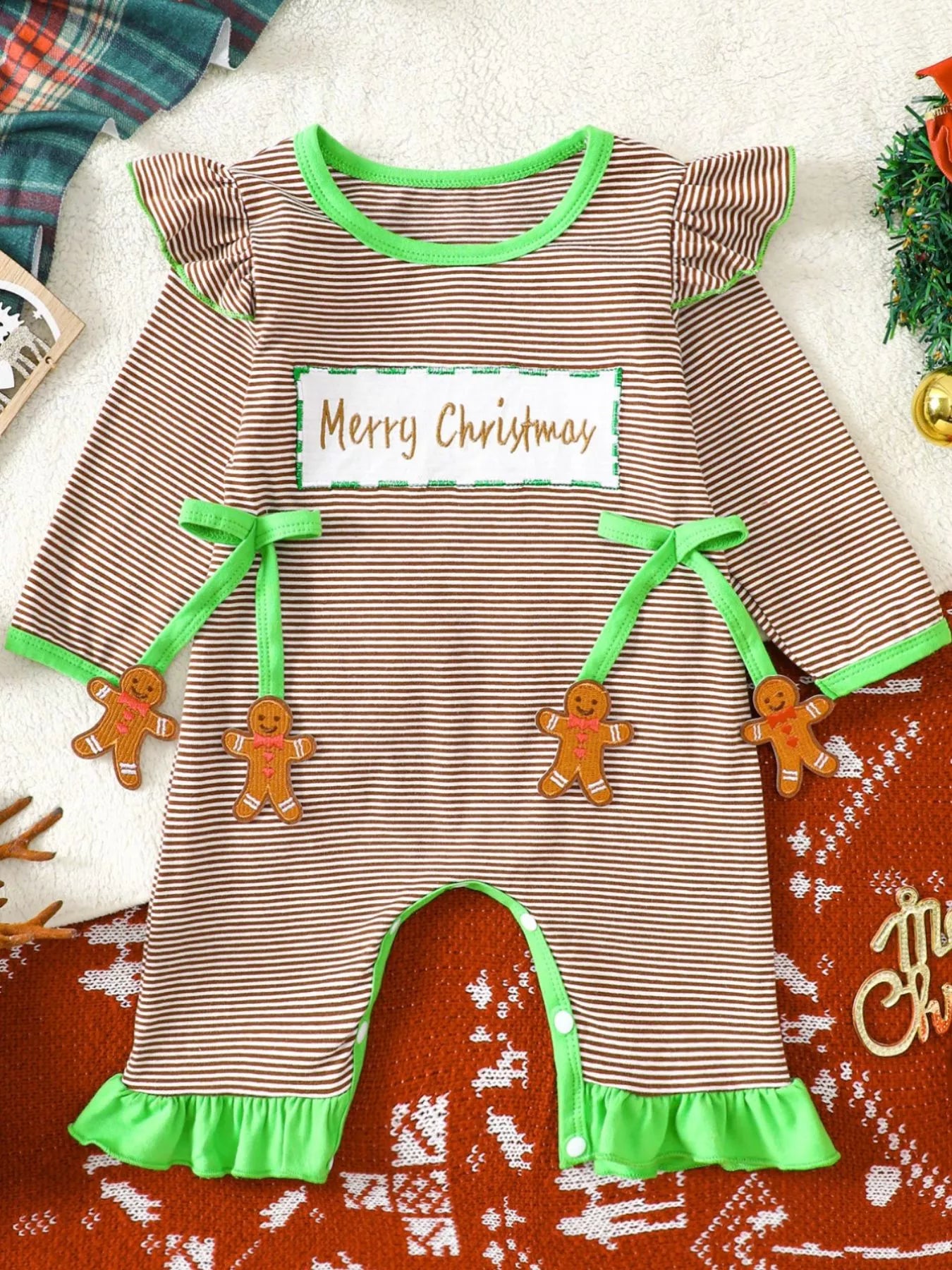 Children's Christmas-Themed Striped Snapped Legs Jumpsuit - cas7m