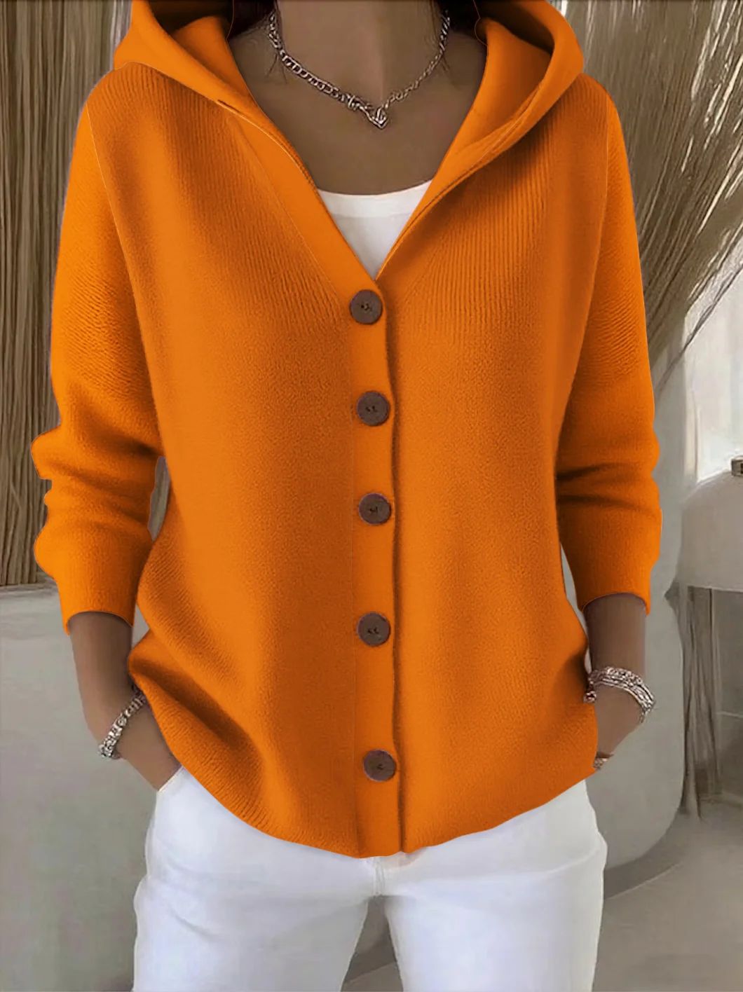 Ins Button Hooded Sweater Fashion Autumn And Winter Knitted Cardigan Casual Commuter Long Sleeve Top Women's Clothing - cas7m
