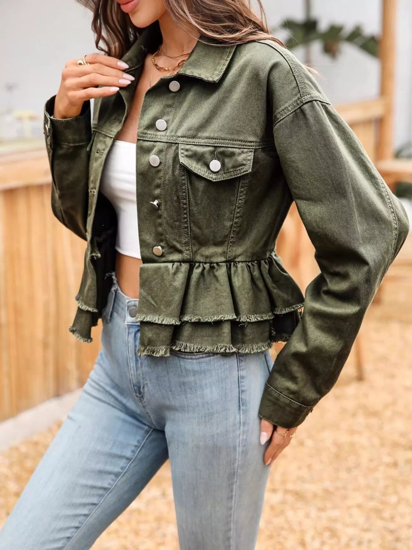 Ruffle Raw Hem Denim Jacket - cas7m