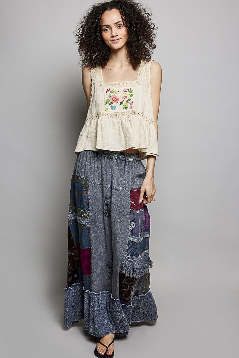POL Printed Patchwork Embroidered Ruffled Skirt - cas7m