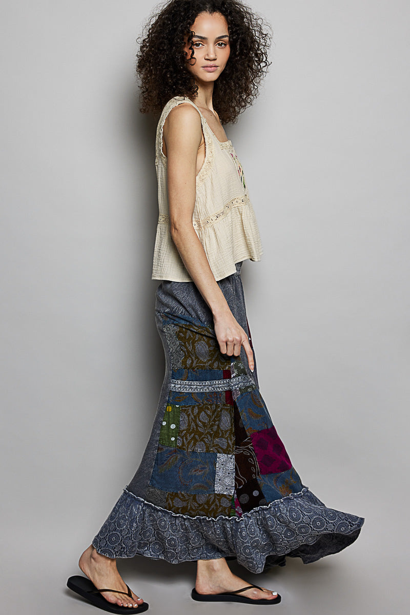 POL Printed Patchwork Embroidered Ruffled Skirt - cas7m