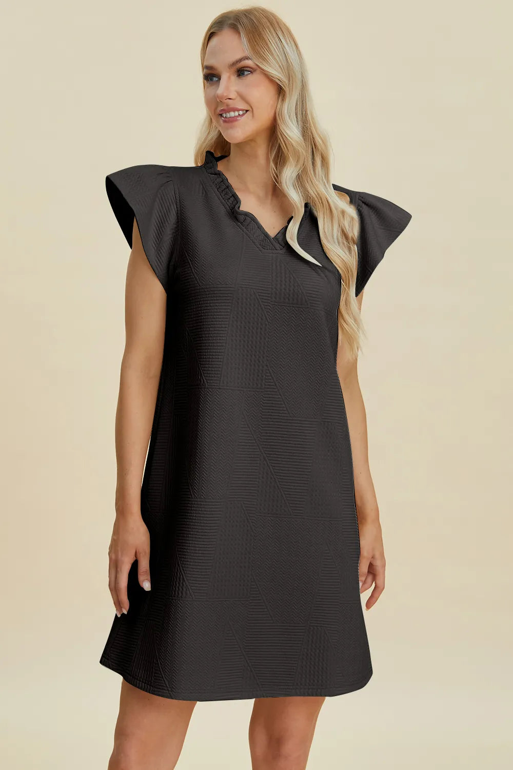Double Take Full Size Ruffled V-Neck Cap Sleeve Dress - cas7m