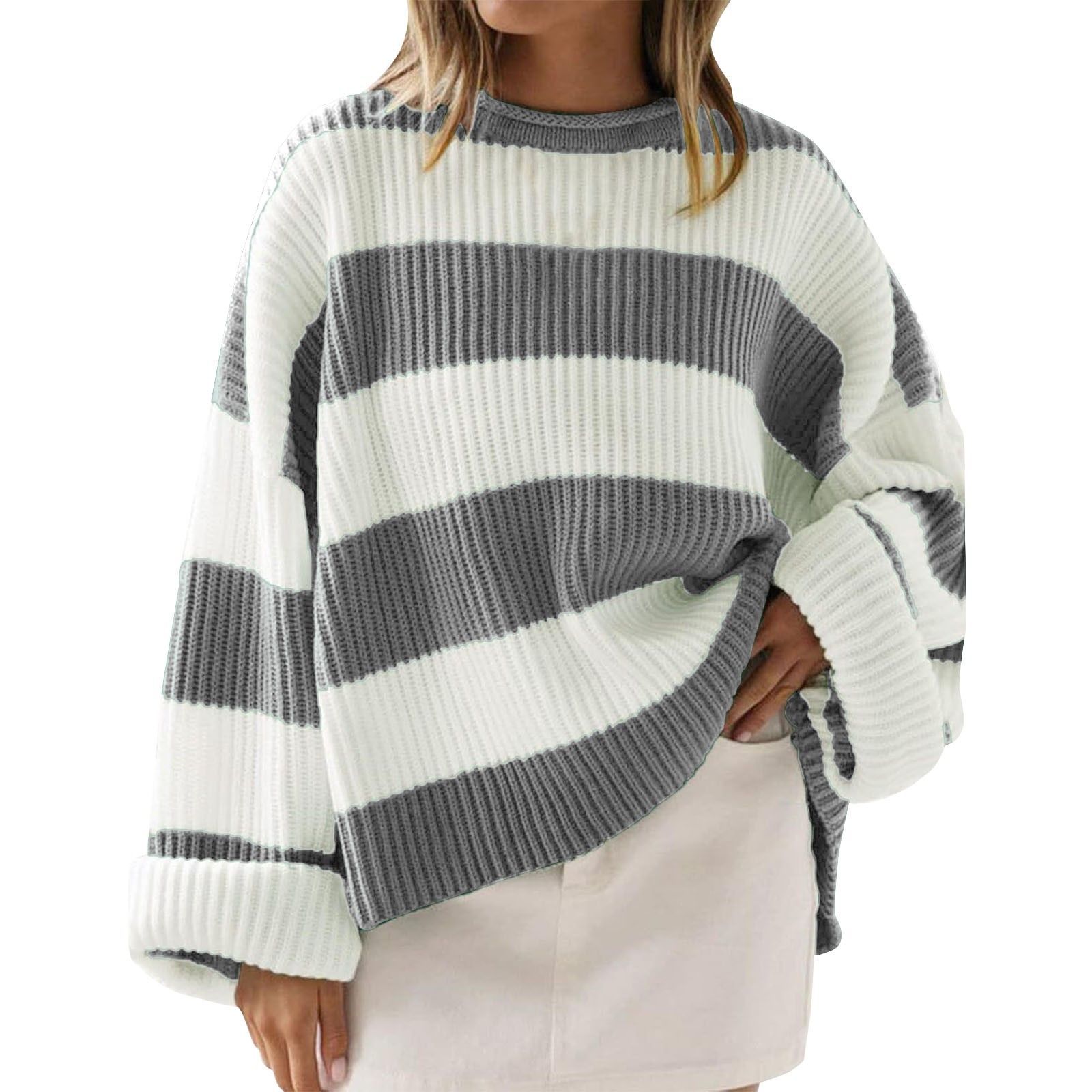 Loose Striped Sweater Fashion Casual Long Batwing Sleeve Round Neck Pullover Knit Tops Women Clothing - cas7m