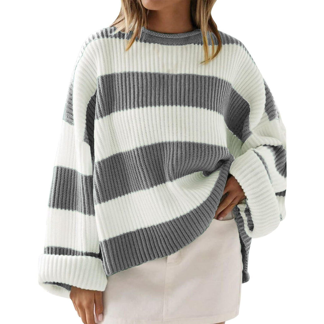 Loose Striped Sweater Fashion Casual Long Batwing Sleeve Round Neck Pullover Knit Tops Women Clothing - cas7m