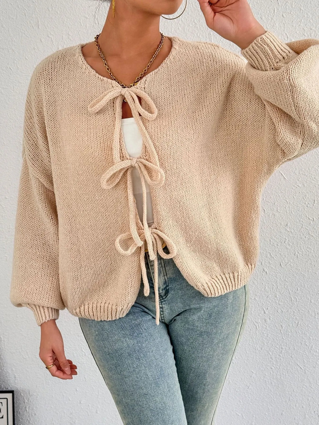 Cozy Bow-Tie Front Knit Cardigan - cas7m