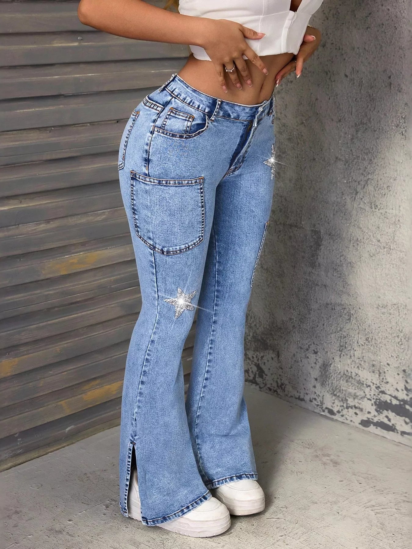 Slit Star Flare Leg Jeans - cas7m