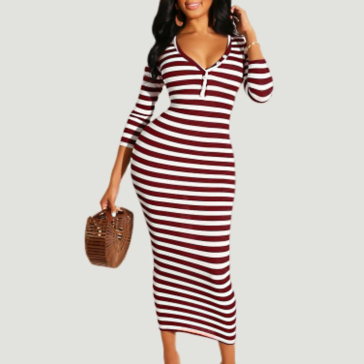 Sexy striped midi bodycon dress Women autumn winter female - cas7m