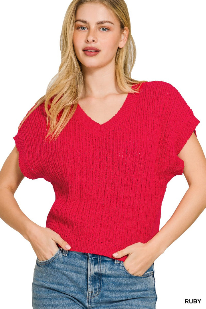 Zenana Textured Knit V-Neck Cropped Sweater - cas7m