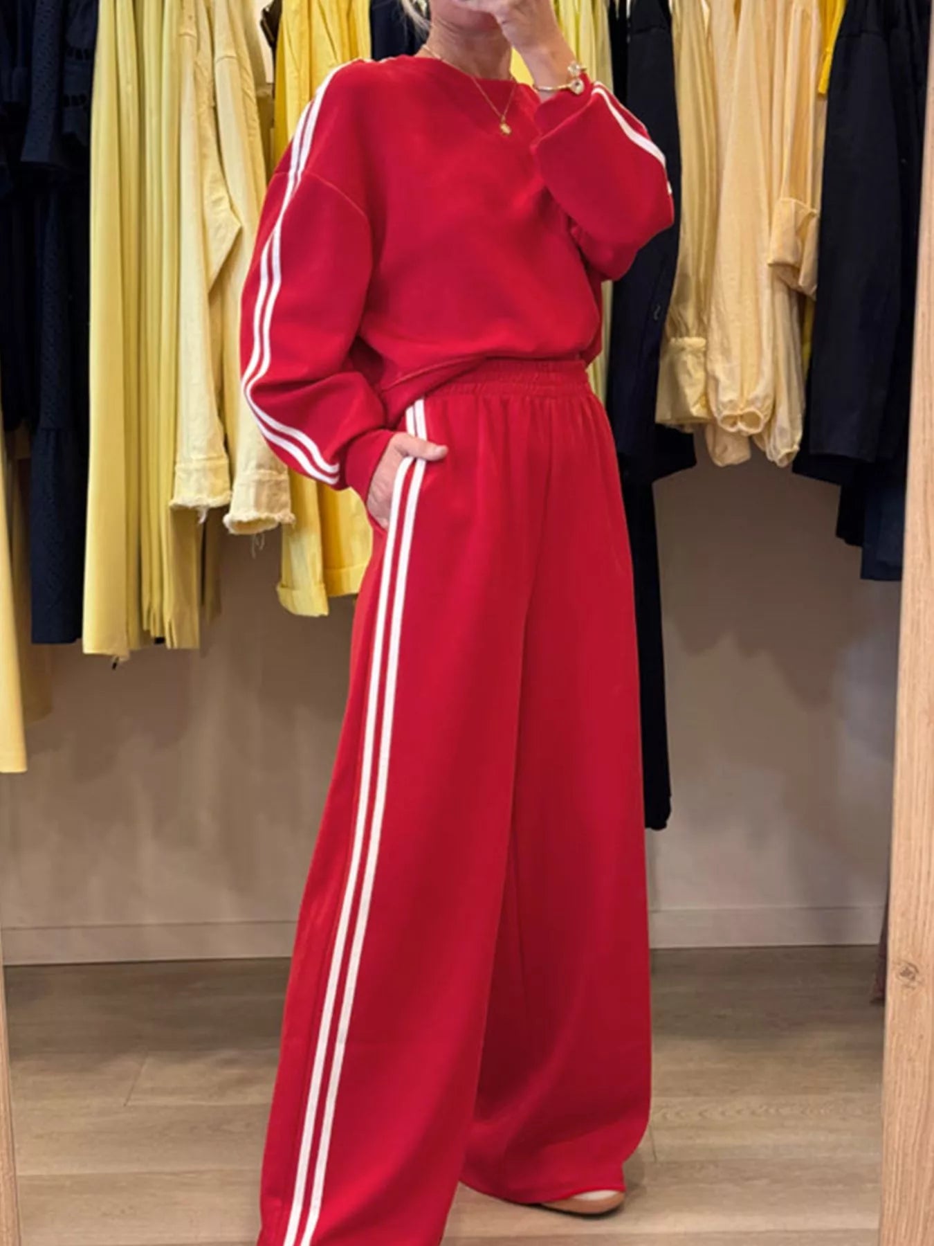 Striped Detail Crewneck Top and Elastic Sweatpants 2pcs Set - cas7m