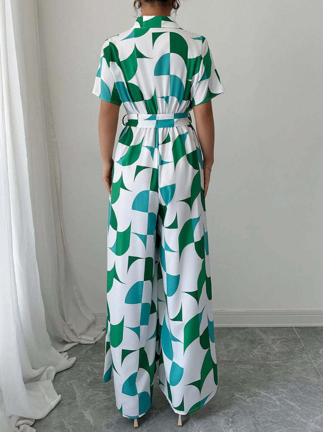 Printed Wide Leg Belted Jumpsuit - cas7m