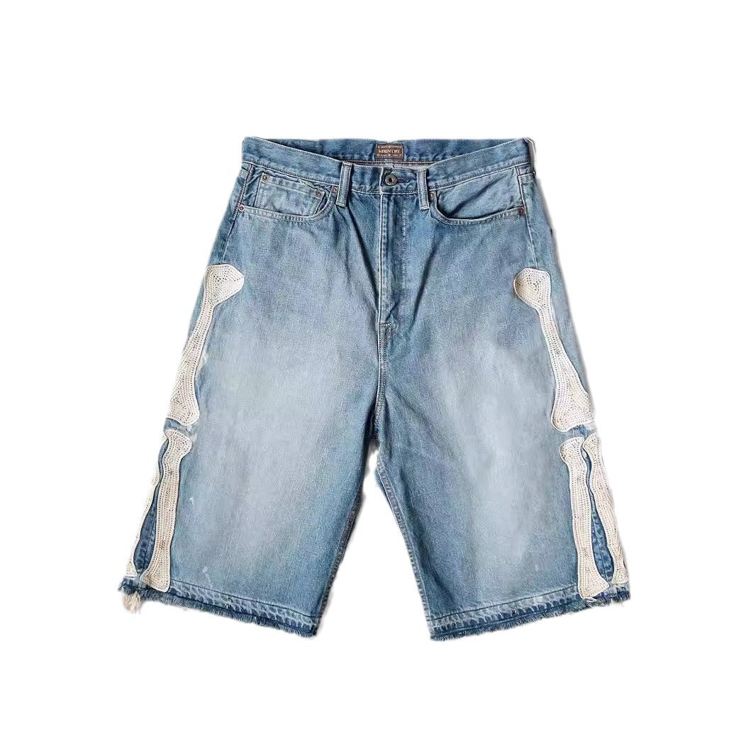 Hip Hop Embroidered Bones Casual Denim Shorts - cas7m