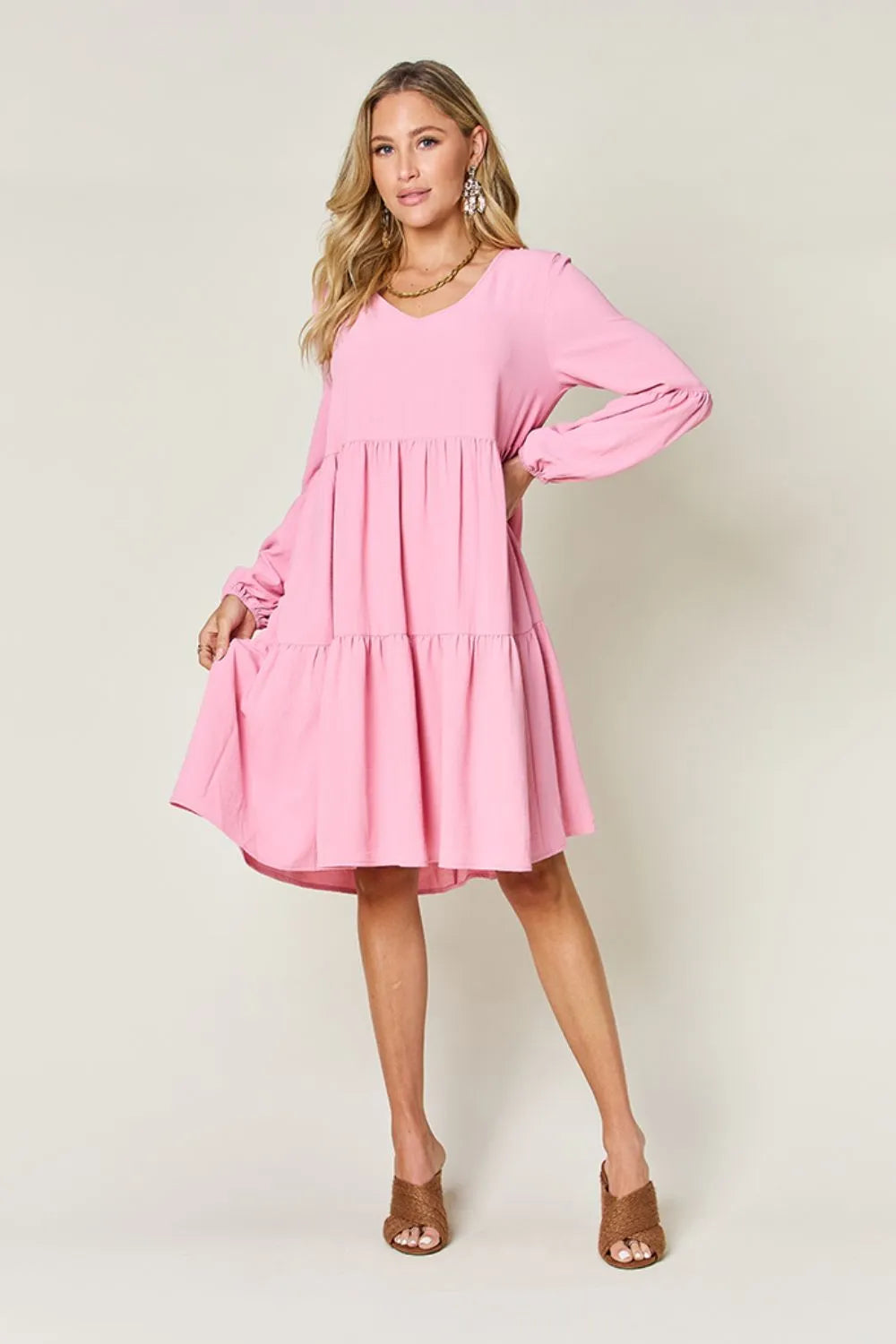 Double Take Full Size V-Neck Balloon Sleeve Tiered Dress with Pockets - cas7m