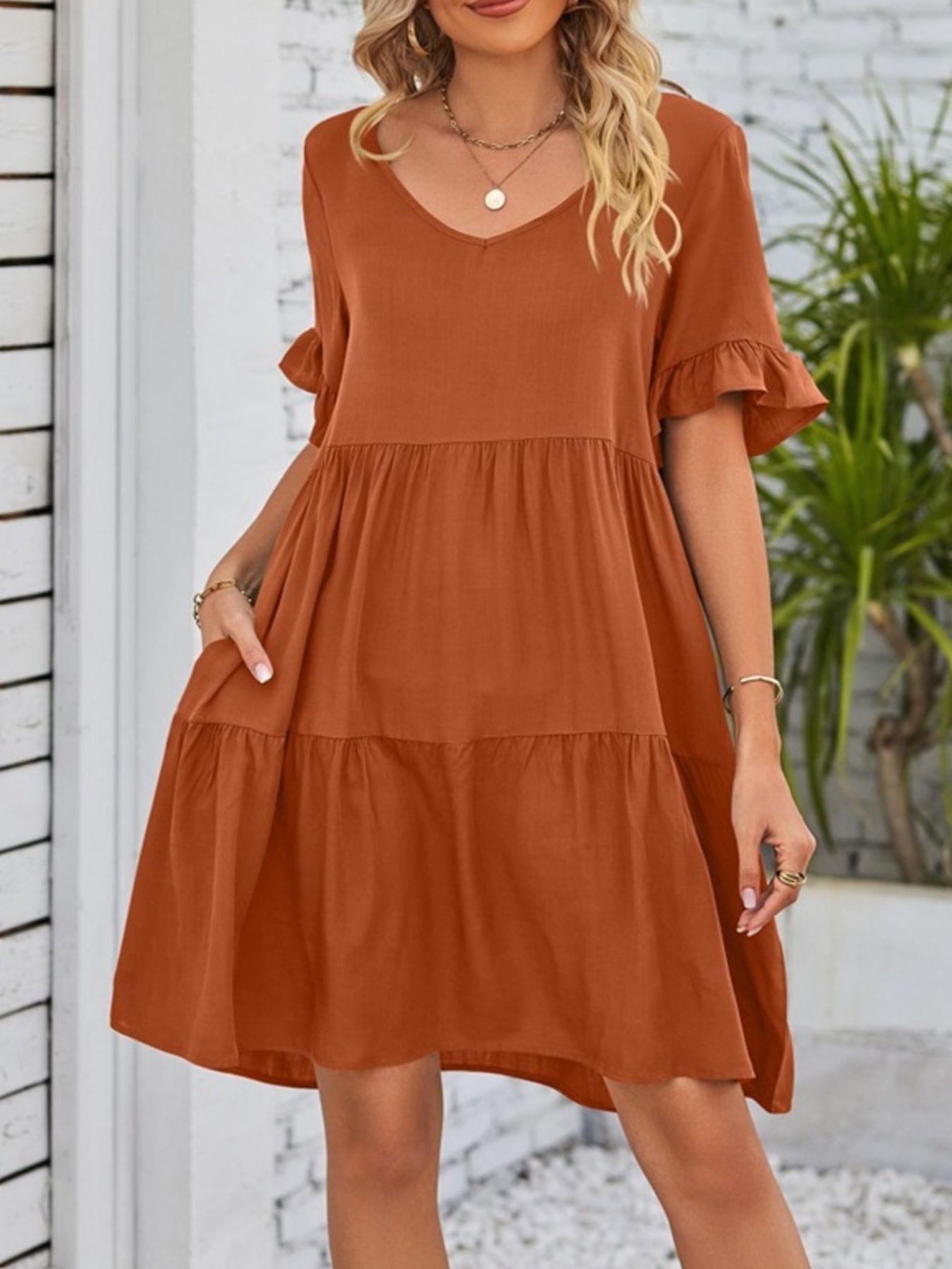 Ruffled Sleeve Tiered Mini Dress - cas7m