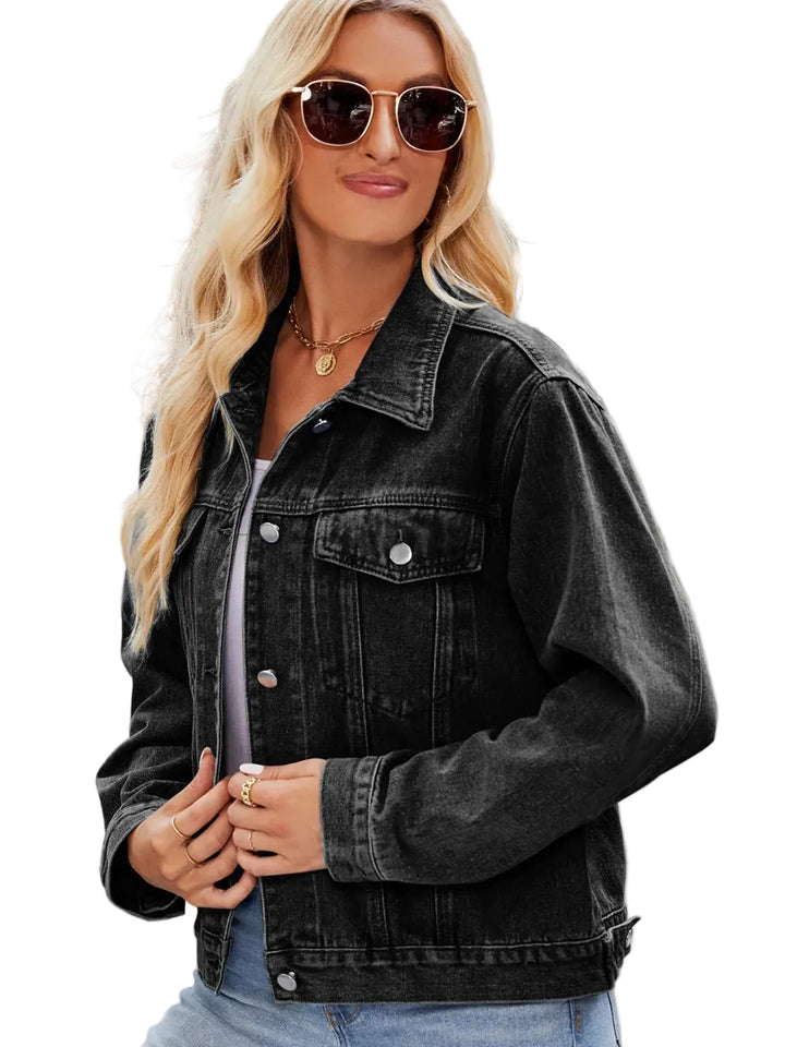 Pocketed Collared Neck Denim Jacket - cas7m