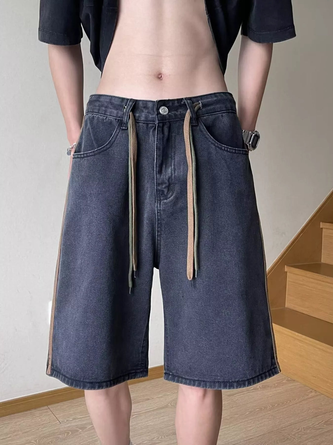 Men's Full Size Drawstring Wide-Leg Denim Shorts Plus Size - cas7m