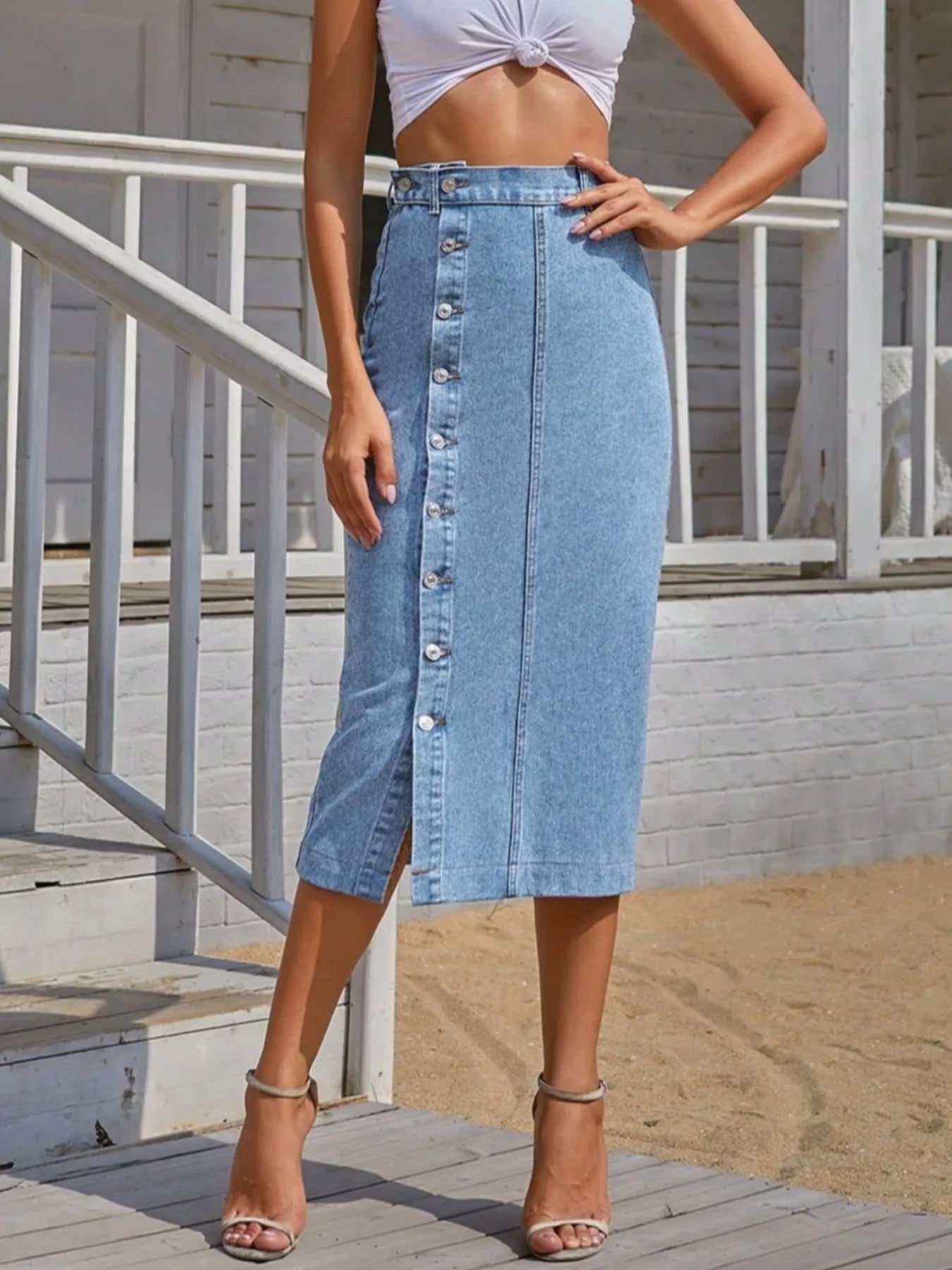 Button-Front Denim Skirt - cas7m