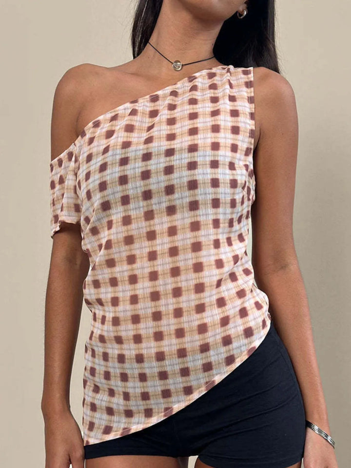 One-Shoulder Plaid Tank Top - cas7m