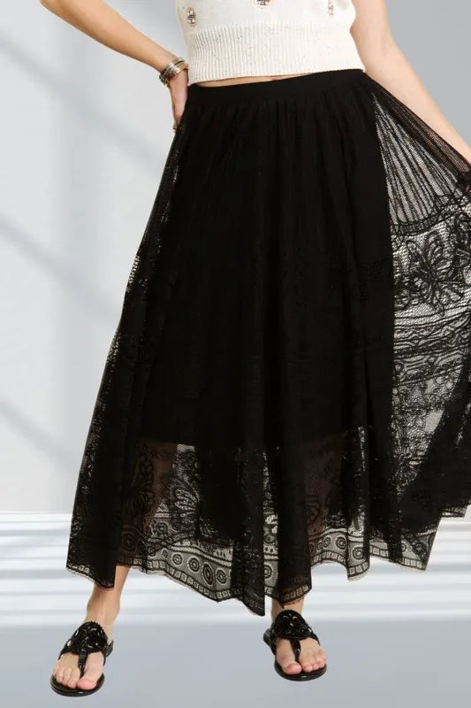 ADORA Elastic Waist Raw Hem Lace Maxi Skirt - cas7m
