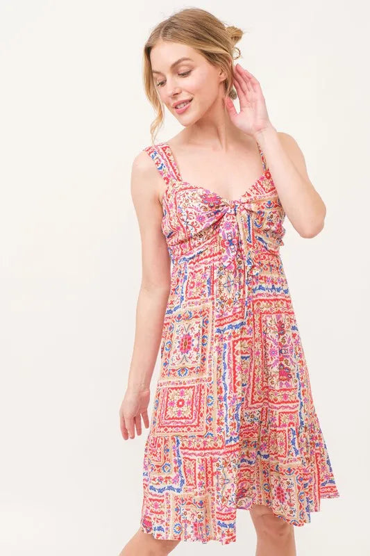 And The Why Tied Front Smocked Back Tiered Boho Printed Dress - cas7m