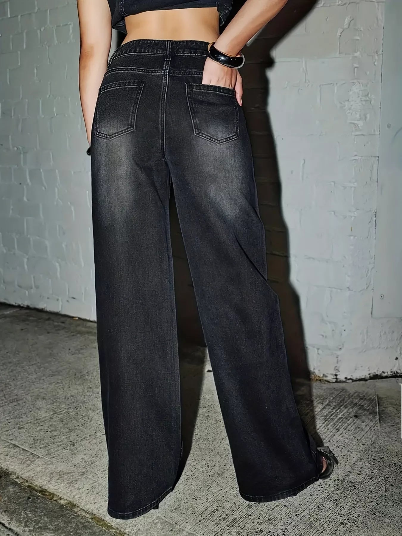 Rhinestone Embellished Wide Leg Jeans - cas7m