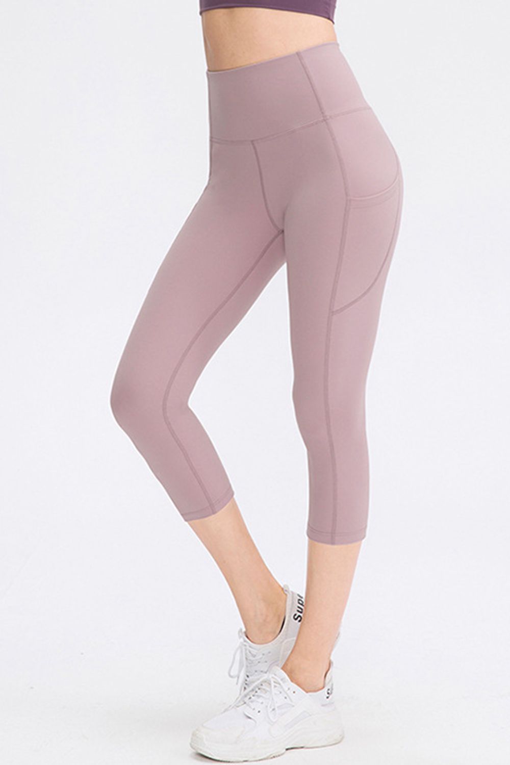 Wide Waistband Cropped Active Leggings with Pockets - cas7m