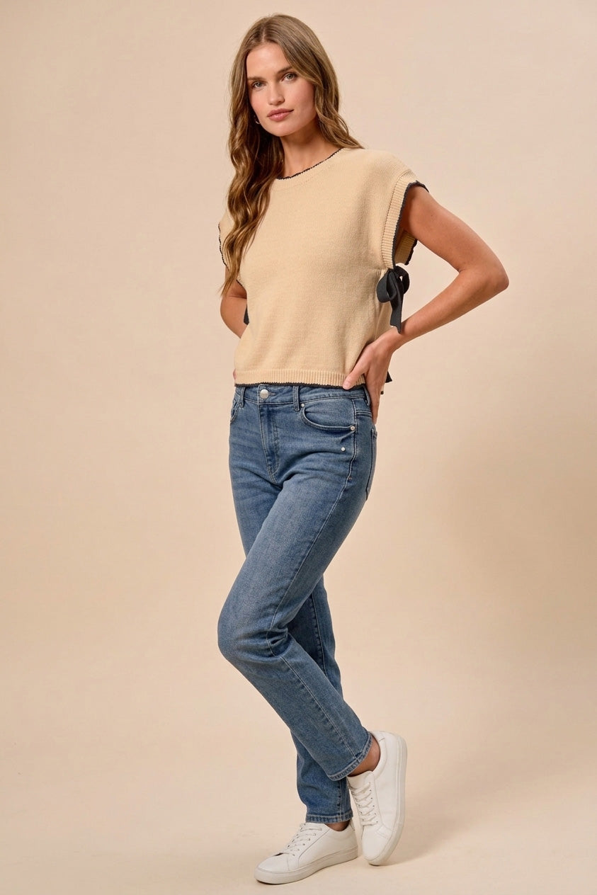 SO ME Lightweight Sweater Dolman Side Ribbon Tie Top - cas7m